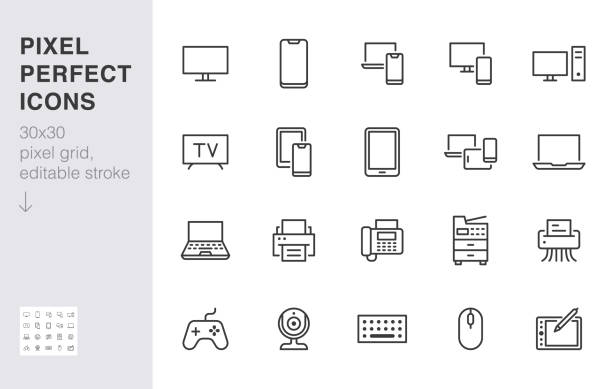 Devices line icons set. Computer, laptop, mobile phone, fax, scanner, smartphone minimal vector illustrations. Simple flat outline sign for web, technology app. 30x30 Pixel Perfect. Editable Strokes Devices line icons set. Computer, laptop, mobile phone, fax, scanner, smartphone minimal vector illustrations. Simple flat outline sign for web, technology app. 30x30 Pixel Perfect. Editable Strokes. laptop stock illustrations