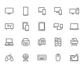 Devices line icons set. Computer, laptop, mobile phone, fax, scanner, smartphone minimal vector illustrations. Simple flat outline sign for web, technology app. Pixel Perfect. Editable Strokes.