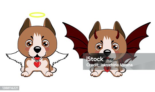 istock Devil Dog with horns and bat wings and happy dog angel. 1388116221