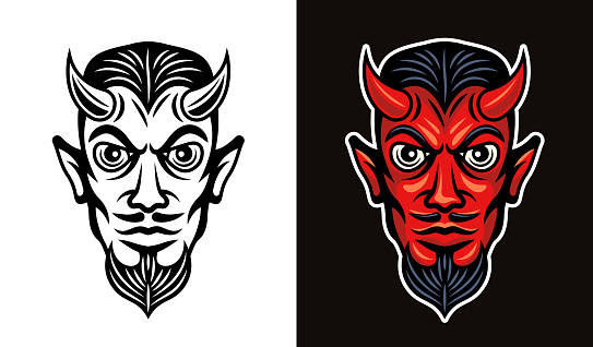 Devil head in two styles black on white and colorful on dark background vector illustration