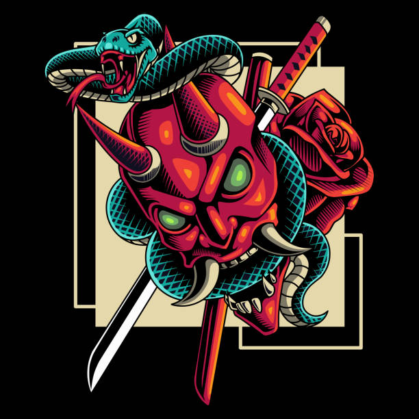 yılan maskotu ile şeytan kafası - medusa stock illustrations