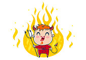 Vector illustration of a devil in the fire in kawaii style. Illustration of a cute kid in devil costume. Halloween monster.