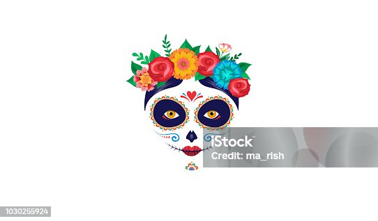istock Dia de los muertos, Day of the dead, Mexican holiday, festival. Poster, banner and card with make up of sugar skull, woman with flowers 1030255924
