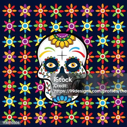 istock Dia de los Muertos, Day of the Dead vector illustration. Design for banner or party flyer with sugar skull, flowers and decorative border. - Vector 1130110306