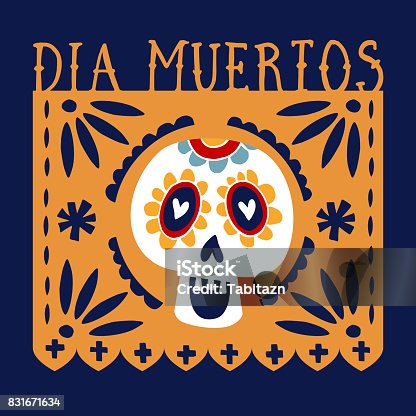 istock Dia de los Muertos greeting card, invitation. Mexican Day of the Dead. Handmade paper cut party flag with ornametal scull, calavera catrina. Hand drawn vector illustration, background, web banner 831671634