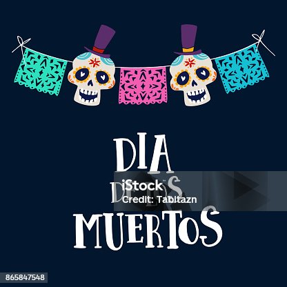 istock Dia de los Muertos greeting card, invitation. Mexican Day of the Dead. String decoration with party flags and ornametal sugar sculls. Hand drawn vector illustration, background 865847548