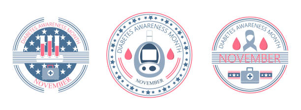 Diabetes Awareness Month on November in USA. American national health care event. Diabetes Awareness Month on November in USA. American national health care event. Emblems of type 2 diabetes illustration with grey ribbon and glucose meter. Set of flat logo vector for banner, flyer. diabetes awareness month stock illustrations