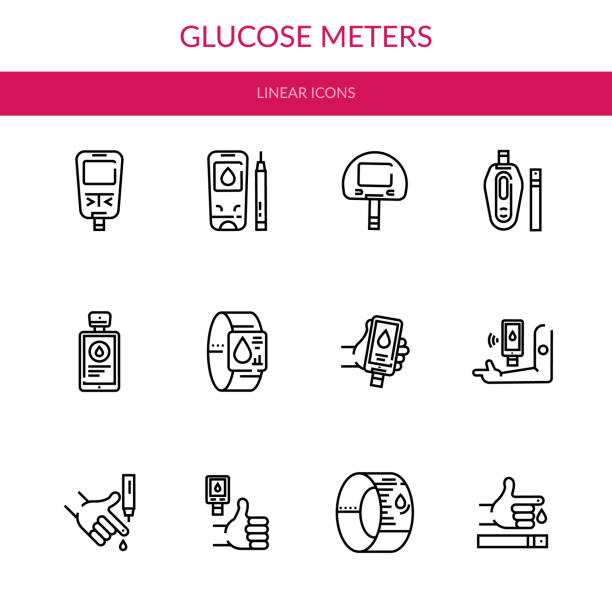 Diabetes blood glucose meter linear icons set Home blood glucose meters. Measurement of blood glucose in healthy people and patients with diabetes. Set icons in linear style. glucose stock illustrations