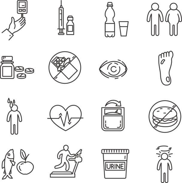 diabetes icons set. diabetes icons set. Thin line design foot exam diabetes stock illustrations