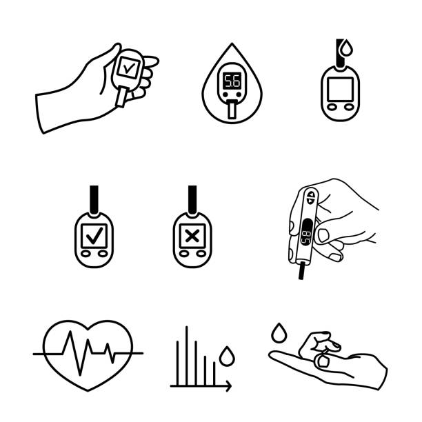 Diabetes Icons vector Beautiful vector diabetic set. Blood testing flat icons. Medical editable illustration in black color isolated on white background. glucose stock illustrations