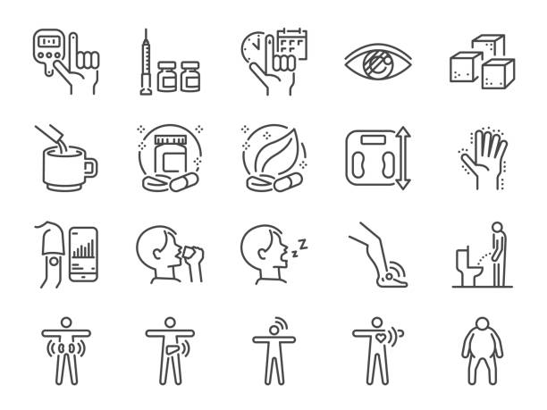 Diabetes line icon set. Included the icons as disease, sugar, fat, body, metabolic disease, insulin, medicine, health and more. Diabetes line icon set. Included the icons as disease, sugar, fat, body, metabolic disease, insulin, medicine, health and more. diabetes stock illustrations