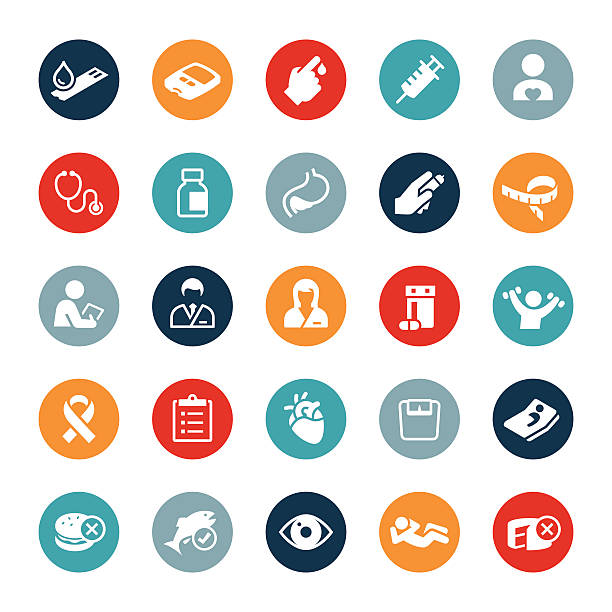 Diabetes mellitus Icons Icons related to diabetes, it's complications and preventative measures. The vector icons symbolize medications, exercise routines, healthcare and foods associated with the prevention and treatment of diabetes. chronic pain stock illustrations