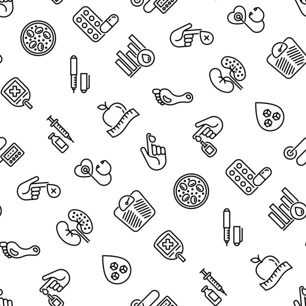Diabetes seamless pattern with thin line icons: blood test, glucometer, glucose level, insulin pen, hyperglycemia, insulin pump, diabetic retinopathy, medical checkup. Vector illustration for medical background. Diabetes seamless pattern with thin line icons: blood test, glucometer, glucose level, insulin pen, hyperglycemia, insulin pump, diabetic retinopathy, medical checkup. Vector illustration for medical background. diabetic foot stock illustrations