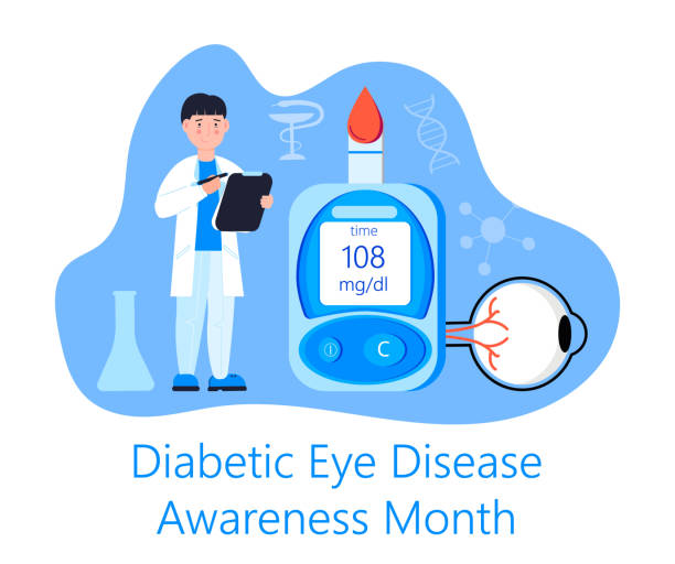 Diabetic Eye Disease Awareness Month concept vector for medical blog, website. Event is celebrated in November. Doctor and glucose meter Diabetic Eye Disease Awareness Month concept vector for medical blog, website. Event is celebrated in November. Doctor and glucose meter are shown. diabetes awareness month stock illustrations