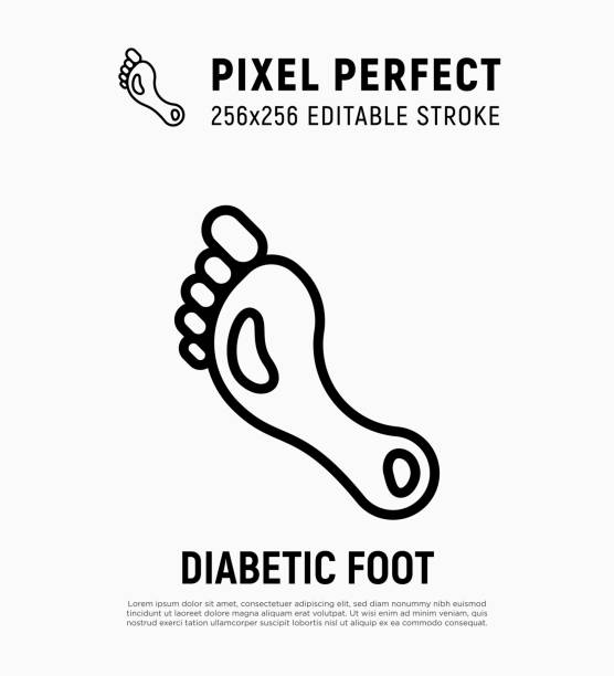 Diabetic foot thin line icon. Open sores on the feet. Pixel perfect, editable stroke. Vector illustration. Diabetic foot thin line icon. Open sores on the feet. Pixel perfect, editable stroke. Vector illustration. diabetic foot stock illustrations