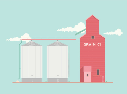Diagram of a grain silo with clouds in the background
