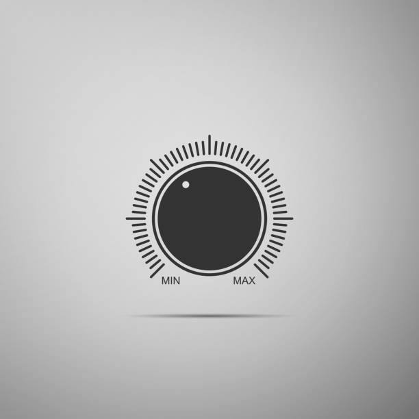 Dial knob level technology settings icon isolated on grey background. Volume button, sound control, music knob with number scale, sound control, analog regulator. Flat design. Vector Illustration Dial knob level technology settings icon isolated on grey background. Volume button, sound control, music knob with number scale, sound control, analog regulator. Flat design. Vector Illustration knob stock illustrations