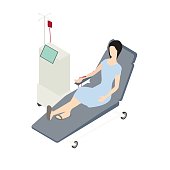 A female patient in a hospital gown undergoes blood dialysis. Spot illustration uses a flat, slightly warm color palette and is presented in isometric view over a white background.