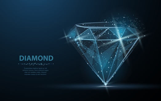 Diamond. Low poly wireframe mesh. Jewelry, gem, luxury and rich symbol, illustration or background