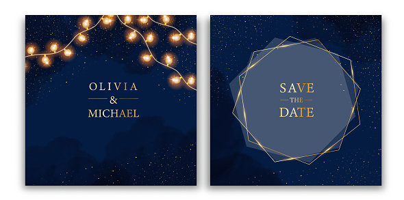 Diamond shaped vector wedding invitation.Magic night dark blue cards with sparkling glitter bokeh. Golden scattered dust.