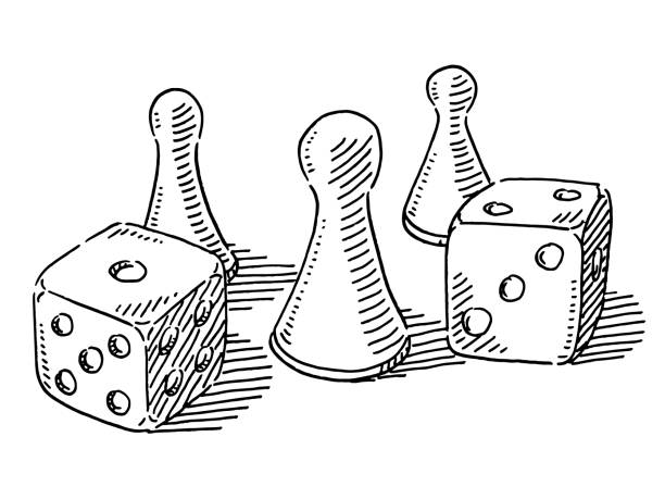 Dices And Game Figures Drawing Hand-drawn vector drawing of a Dices And Game Figures. Black-and-White sketch on a transparent background (.eps-file). Included files are EPS (v10) and Hi-Res JPG. chess drawings stock illustrations