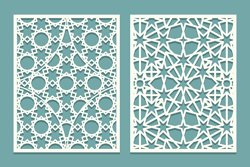 Die and laser cut ornamental panels with Arabic geometric ornament. Laser cutting decorative lace borders patterns. Set of Wedding Invitation or greeting card templates.