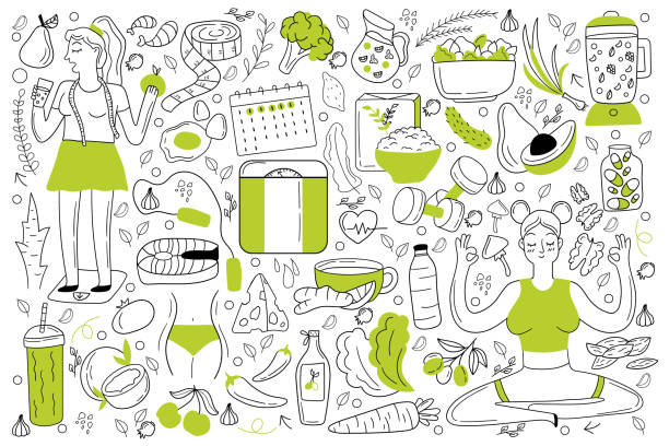 Diet doodle set Diet doodle set. Collection of hand drawn sketches templates of people dieting eating natural food smoothie cocktail cereals vegetables fruits for loosing weight. Healthy lifestyle illustration. yoga drawings stock illustrations