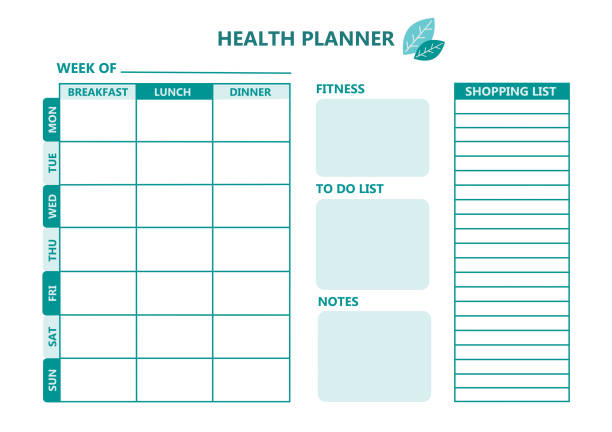 Diet meal plan weekly schedule blank ready for printing. Health planner Fitness Shopping list vector art illustration