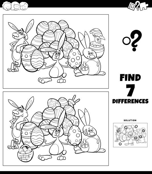 differences coloring task with cartoon Easter characters Black and White Cartoon Illustration of Finding Differences Between Pictures Educational Game for Children with Easter Bunny Characters Coloring Book Page coloring book pages templates stock illustrations