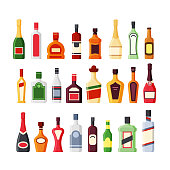 Different alcohol glass bottles flat vector icons color set. Bar beverages, booze collection. Wine, whiskey, rum, vodka, cognac, tequila drinks. Liquors cartoon illustrations isolated on white