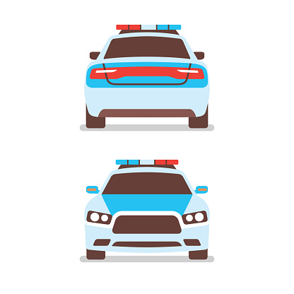 Different angle of police car patrol vehicle siren front and back view flat isolated objects vector illustration