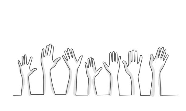 Different arms up Line drawing vector illustration of different arms up. teamwork drawings stock illustrations