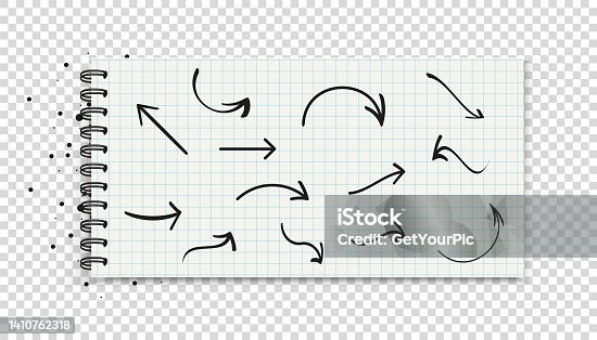 istock Different Arrow Icons On Cell Grid Striped Spiral Notebook - Vector Illustration Isolated On Transparent Background 1410762318