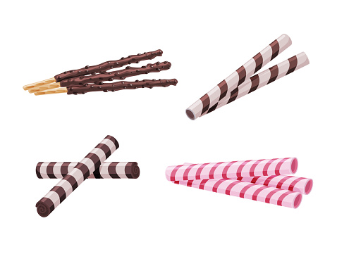 Different biscuit waffle sticks with chocolate set on a white isolated background.