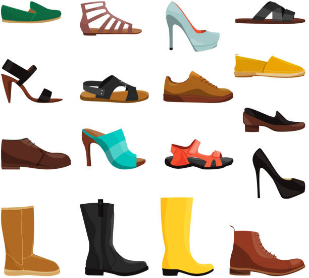 Different casual shoes of men and women. Vector pictures set Different casual shoes of men and women. Vector pictures set. Fashion footwear and boots woman and man illustration shoe stock illustrations