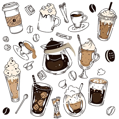 Different coffee kind hand drawing layout composition