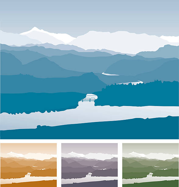 Different colored backgrounds with mountains and water "Landscape with two rivers, one gleaming into the distant mountains. Single global color, easily changed. File contains all four colors on separate layers." cascade range stock illustrations