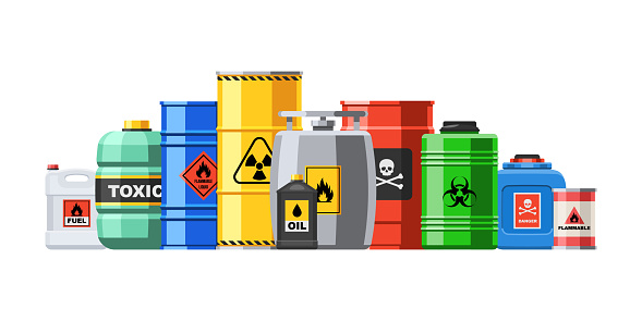 Different container with hazard chemical liquid in row line