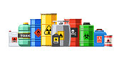 istock Different container with hazard chemical liquid in row line 1332206643