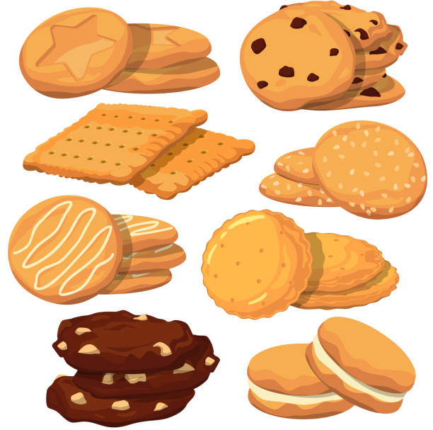 Different cookies in cartoon style. Vector icons set isolate on white Different cookies in cartoon style. Vector icons set isolate on white, Collection of sweet biscuit homemade illustration cookie stock illustrations