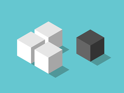 Single unique different cube aside. Discrimination, bullying, individuality, loneliness, difference and missing piece concept. Flat design. EPS 8 vector illustration, no transparency, no gradients
