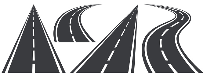 Different curved and straight roads in perspective set. City highways. One asphalt roadway. Winding road on a white background. Road banner. A simple image of a road on a blank background.