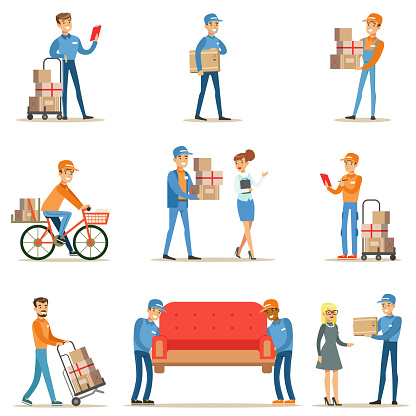 Different Delivery Service Workers And Clients, Smiling Couriers Delivering Packages And Movers Bringing Furniture Set Of Illustrations