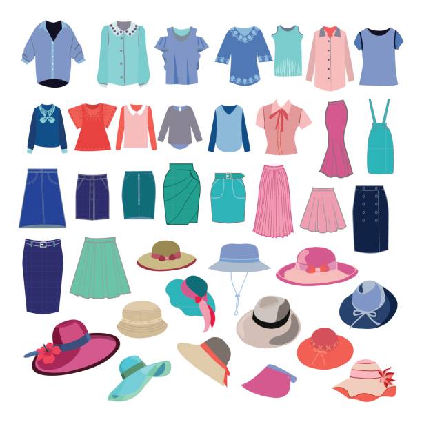 different fashion cloth and accessories collection. Set with different fashion cloth and accessories collection. Vector fashion women's shirts, skirts, hats for you design. blouse stock illustrations