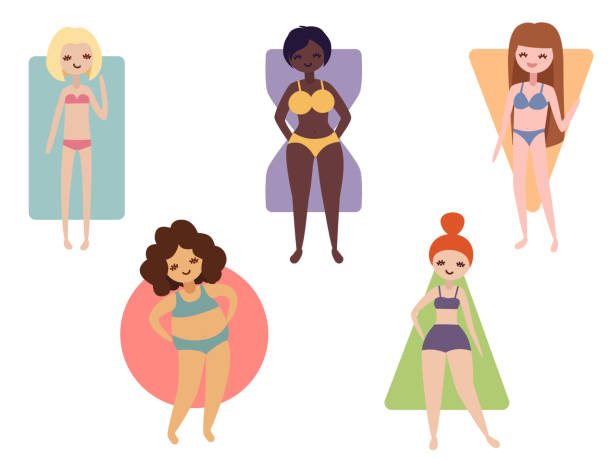 Different female body shapes.  Vector illustration of various women with different figures. Rounded, triangle, inverted triangle, rectangle and hourglass types. cartoon of fat lady in swimsuit stock illustrations