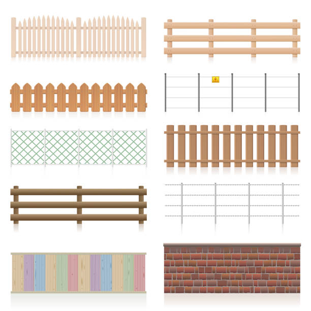 Different fences like wooden, garden, electric, picket, pasture, wire fence, wall, barbwire and other railings. Isolated vector illustration on white background. Different fences like wooden, garden, electric, picket, pasture, wire fence, wall, barbwire and other railings. Isolated vector illustration on white background. fence stock illustrations