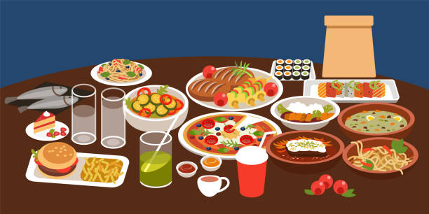 ilustrações de stock, clip art, desenhos animados e ícones de different food. colorful vector illustration in flat cartoon style - pizza table