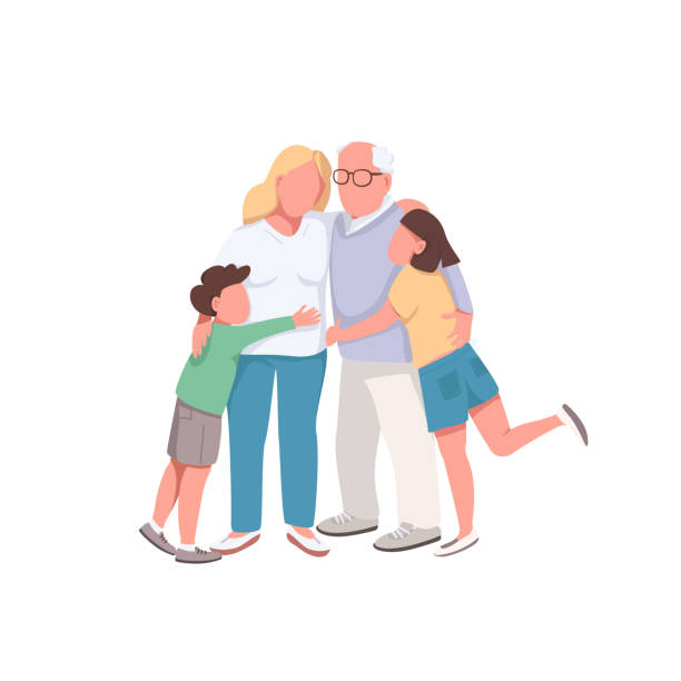 ilustrações de stock, clip art, desenhos animados e ícones de different generations flat color vector faceless characters - grandparents hug