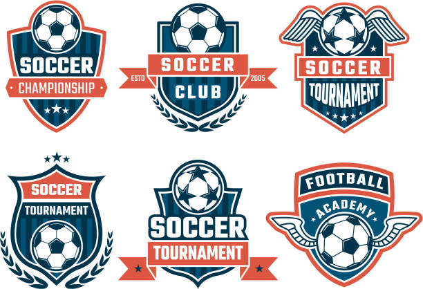 stockillustraties, clipart, cartoons en iconen met verschillende pictogrammen voor voetbalclub. vector etiketten instellen - soccer