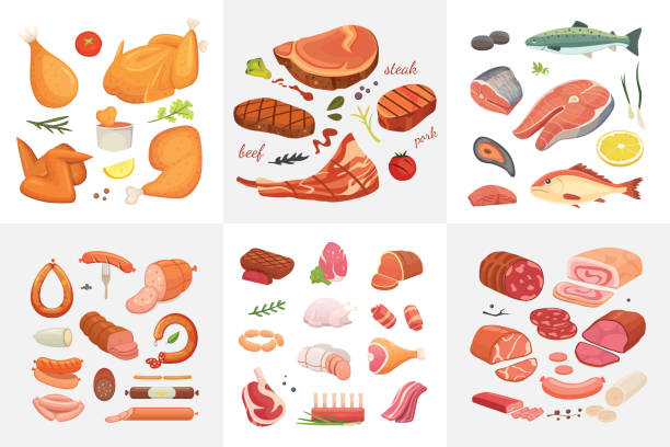 Different kind of meat food icons set vector. Raw ham, set grill chiken, piece of pork, meatloaf, whole leg, beef and sausages. Salmon fish and seafood. Different kind of meat food icons set vector. Raw ham, set grill chiken, piece of pork, meatloaf, whole leg, beef and sausages. Salmon fish and seafood meatloaf stock illustrations